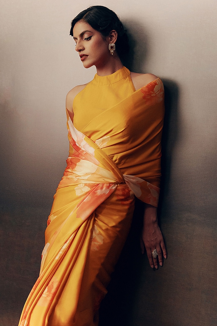 Orange Pure Satin Silk Ombre Floral Party Wear Saree by Studio 113 at Pernia's Pop Up Shop