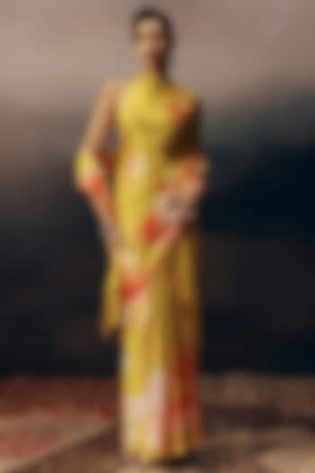 Yellow Pure Satin Silk Ombre Floral Party Wear Saree by Studio 113 at Pernia's Pop Up Shop