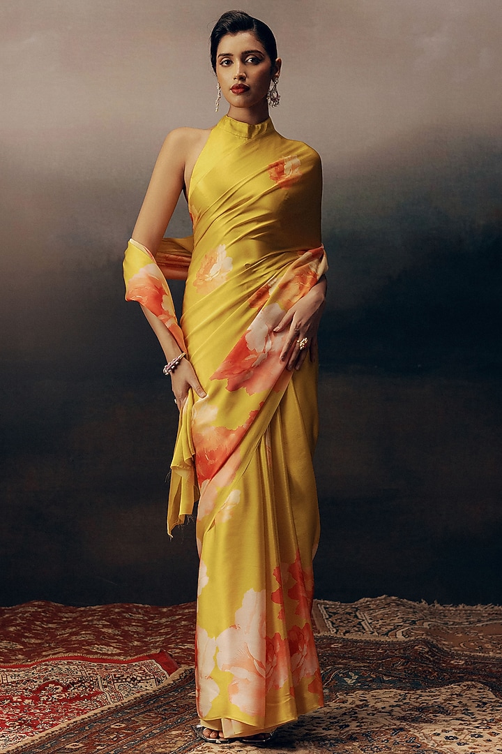 Yellow Pure Satin Silk Ombre Floral Party Wear Saree by Studio 113 at Pernia's Pop Up Shop