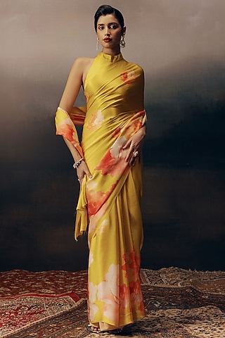 Yellow Pure Satin Silk Ombre Floral Saree by Studio 113