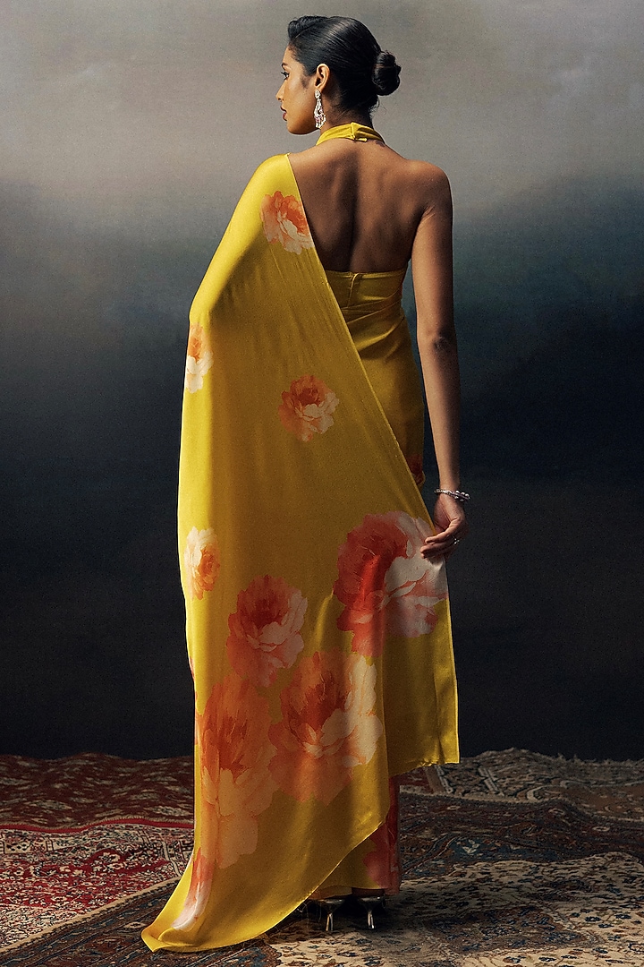 Yellow Pure Satin Silk Ombre Floral Party Wear Saree by Studio 113 at Pernia's Pop Up Shop