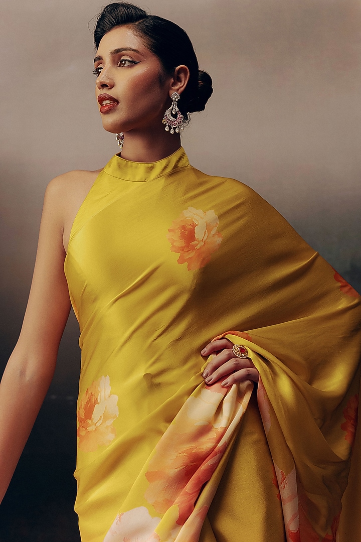 Yellow Pure Satin Silk Ombre Floral Party Wear Saree by Studio 113 at Pernia's Pop Up Shop