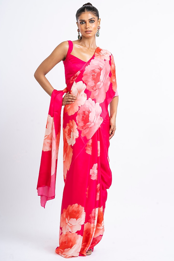 Rani Pink Pure Satin Silk Floral Party Wear Saree by Studio 113 at Pernia's Pop Up Shop