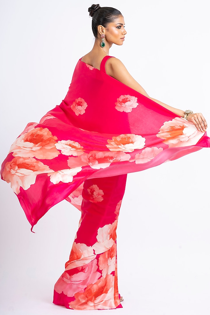 Rani Pink Pure Satin Silk Floral Party Wear Saree by Studio 113 at Pernia's Pop Up Shop