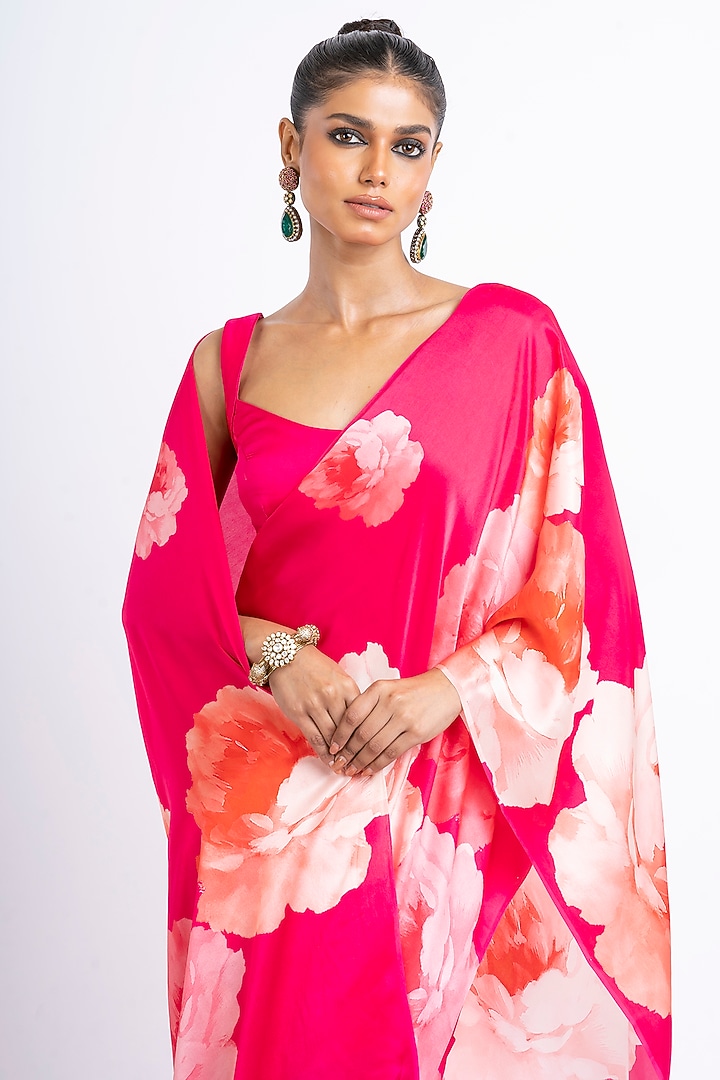 Rani Pink Pure Satin Silk Floral Party Wear Saree by Studio 113 at Pernia's Pop Up Shop