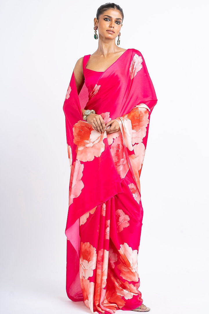 Rani Pink Pure Satin Silk Floral Party Wear Saree by Studio 113 at Pernia's Pop Up Shop