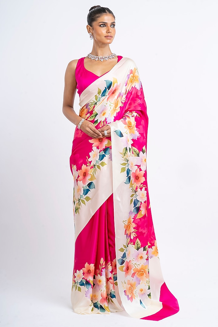 Rani Pink Pure Satin Silk Floral Party Wear Saree by Studio 113 at Pernia's Pop Up Shop