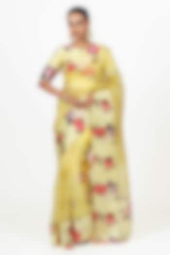 Yellow Organza Floral Printed Party Wear Saree Set by Studio 113 at Pernia's Pop Up Shop