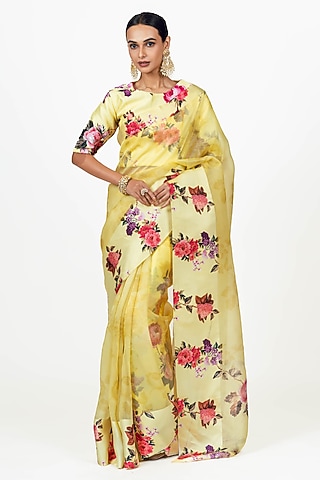 Yellow Organza Floral Printed Saree Set by Studio 113