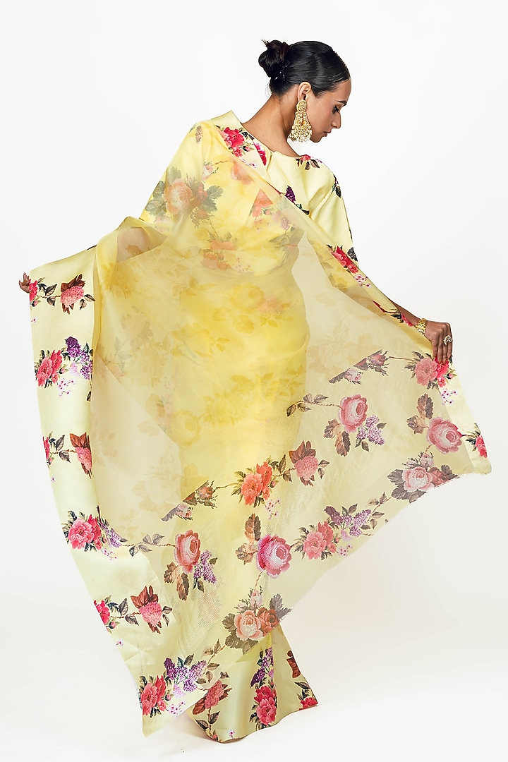 Yellow Organza Floral Printed Party Wear Saree Set by Studio 113 at Pernia's Pop Up Shop