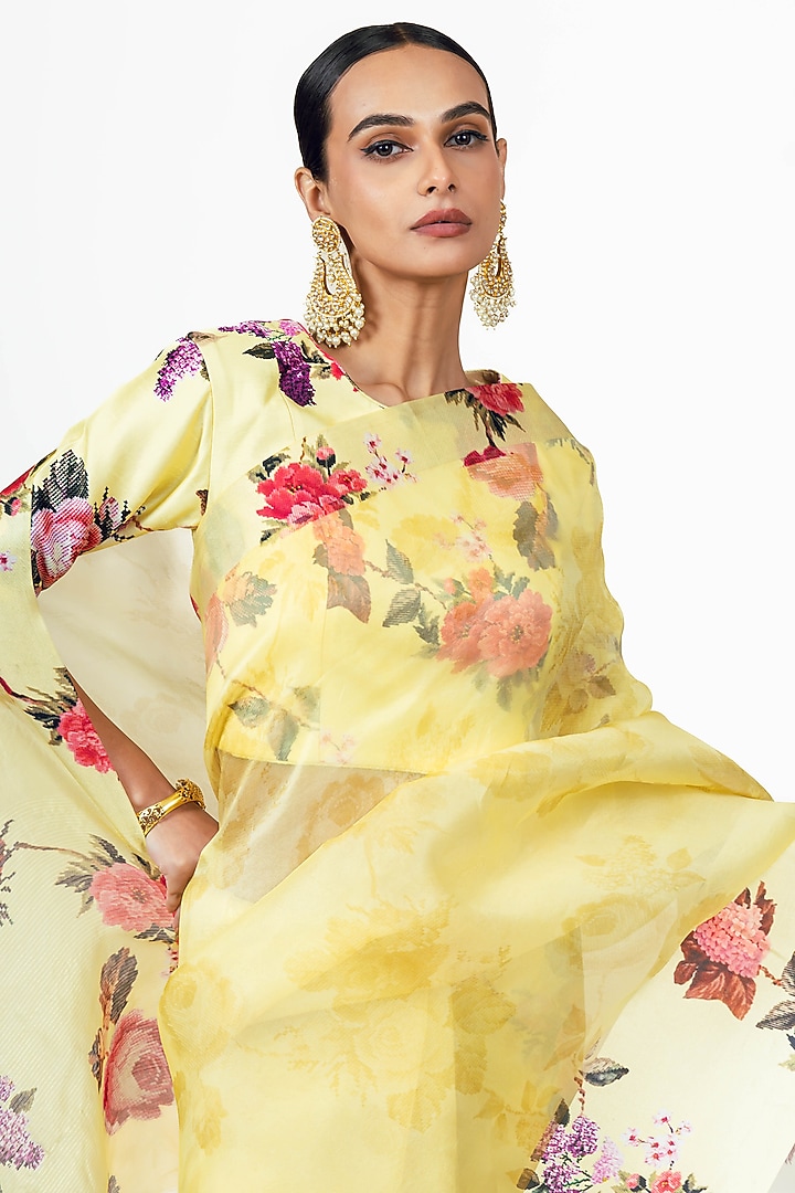 Yellow Organza Floral Printed Party Wear Saree Set by Studio 113 at Pernia's Pop Up Shop