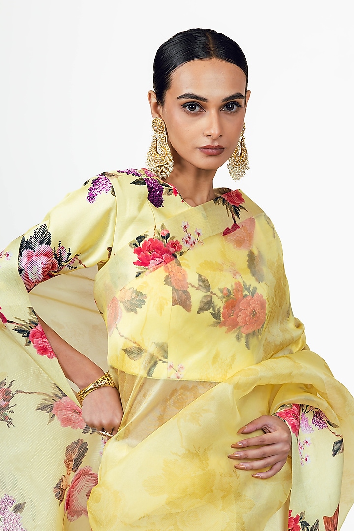 Yellow Organza Floral Printed Party Wear Saree Set by Studio 113 at Pernia's Pop Up Shop