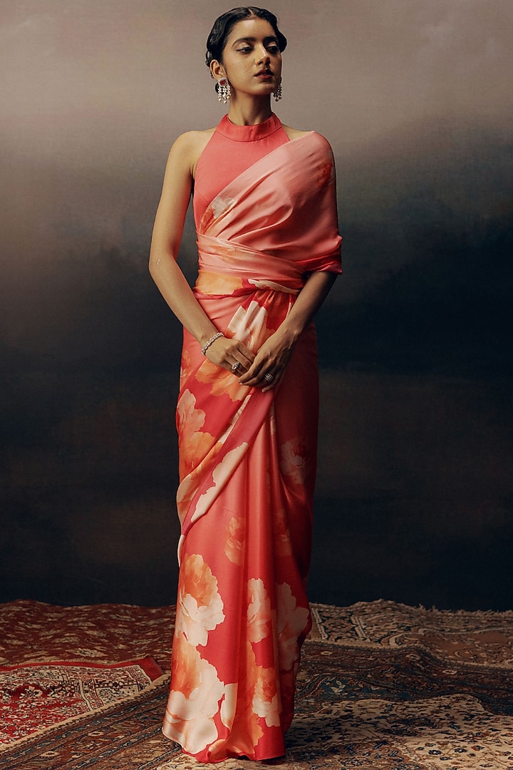 Pink Pure Satin Silk Ombre Floral Party Wear Saree by Studio 113 at Pernia's Pop Up Shop