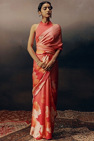 Pink Pure Satin Silk Ombre Floral Saree by Studio 113