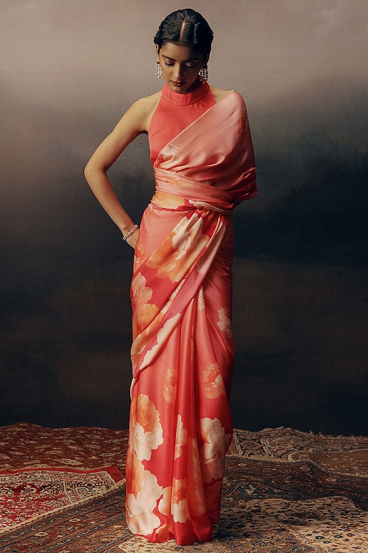 Pink Pure Satin Silk Ombre Floral Party Wear Saree by Studio 113 at Pernia's Pop Up Shop