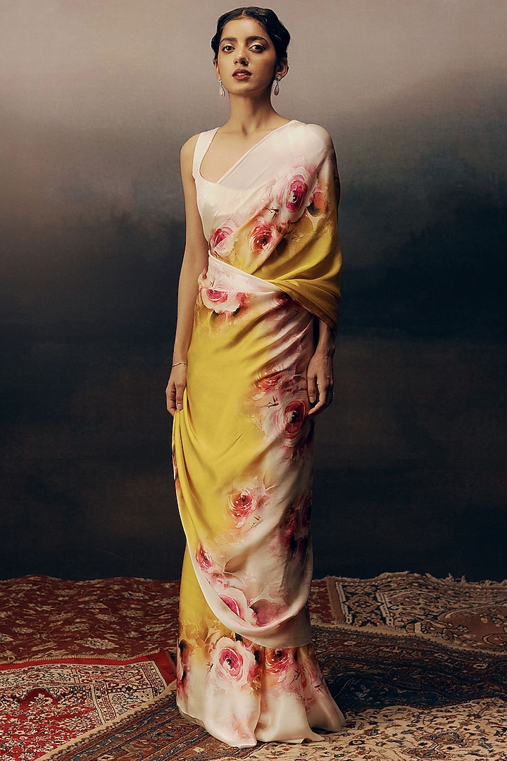 Yellow Pure Satin Silk Floral Party Wear Saree by Studio 113 at Pernia's Pop Up Shop