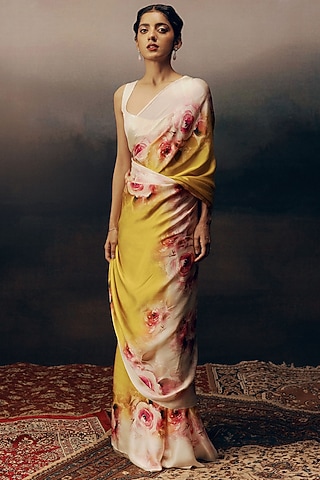 Yellow Pure Satin Silk Floral Saree by Studio 113
