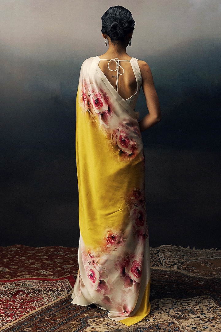 Yellow Pure Satin Silk Floral Party Wear Saree by Studio 113 at Pernia's Pop Up Shop