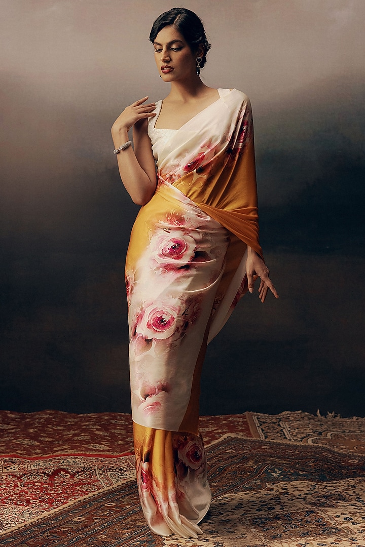 Orange Pure Satin Silk Floral Party Wear Saree by Studio 113 at Pernia's Pop Up Shop