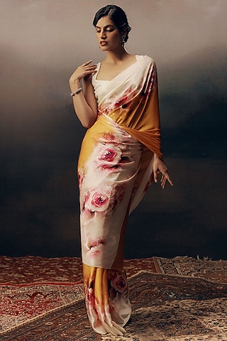 Orange Pure Satin Silk Floral Saree by Studio 113