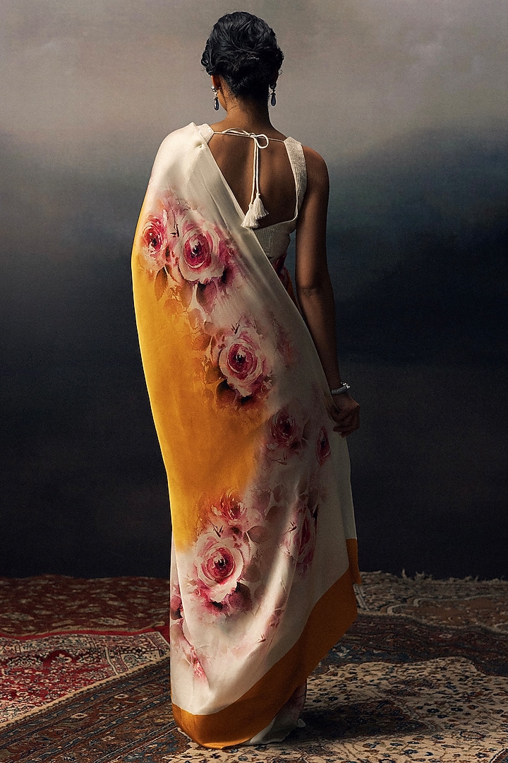 Orange Pure Satin Silk Floral Party Wear Saree by Studio 113 at Pernia's Pop Up Shop