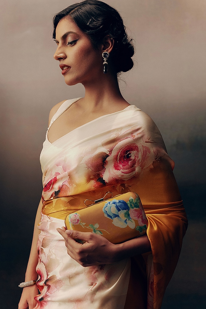 Orange Pure Satin Silk Floral Party Wear Saree by Studio 113 at Pernia's Pop Up Shop