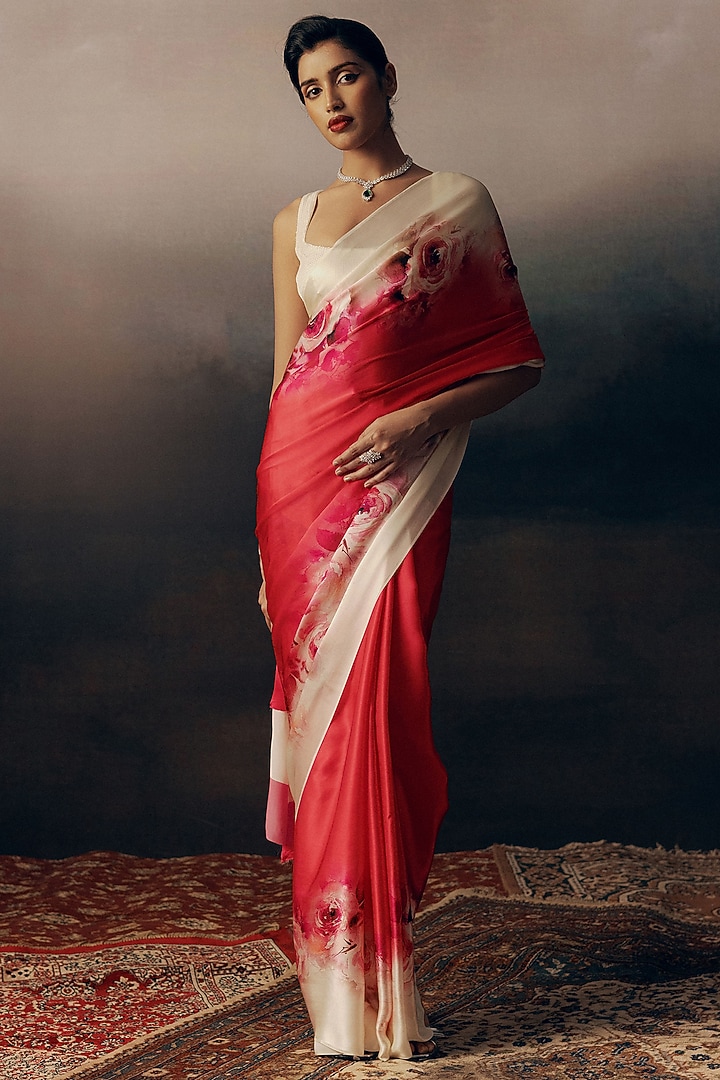 Rani Pink Pure Satin Silk Floral Party Wear Saree by Studio 113 at Pernia's Pop Up Shop