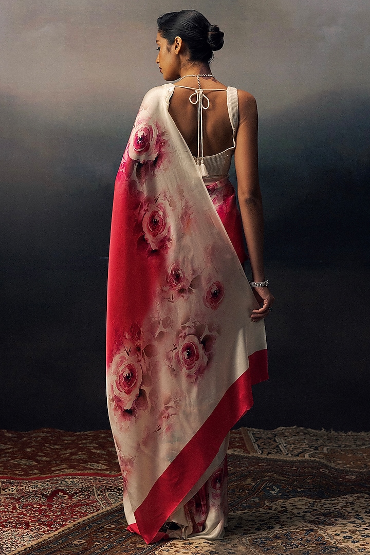 Rani Pink Pure Satin Silk Floral Party Wear Saree by Studio 113 at Pernia's Pop Up Shop