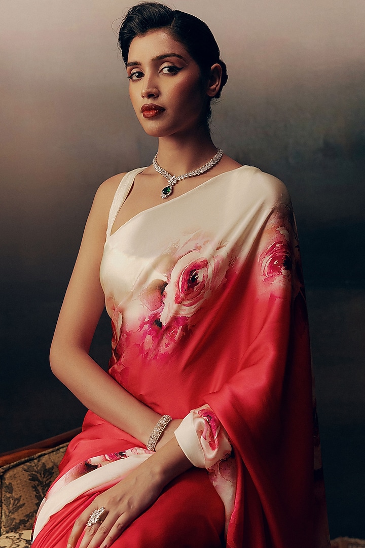Rani Pink Pure Satin Silk Floral Party Wear Saree by Studio 113 at Pernia's Pop Up Shop