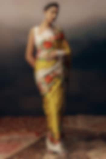 Yellow Pure Satin Silk Embroidered Party Wear Saree by Studio 113 at Pernia's Pop Up Shop