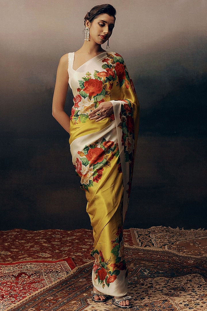 Yellow Pure Satin Silk Embroidered Party Wear Saree by Studio 113 at Pernia's Pop Up Shop