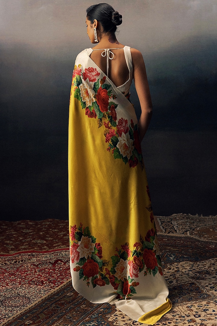 Yellow Pure Satin Silk Embroidered Party Wear Saree by Studio 113 at Pernia's Pop Up Shop