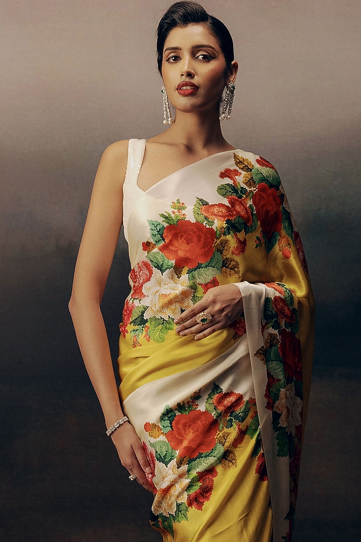 Yellow Pure Satin Silk Embroidered Party Wear Saree by Studio 113 at Pernia's Pop Up Shop