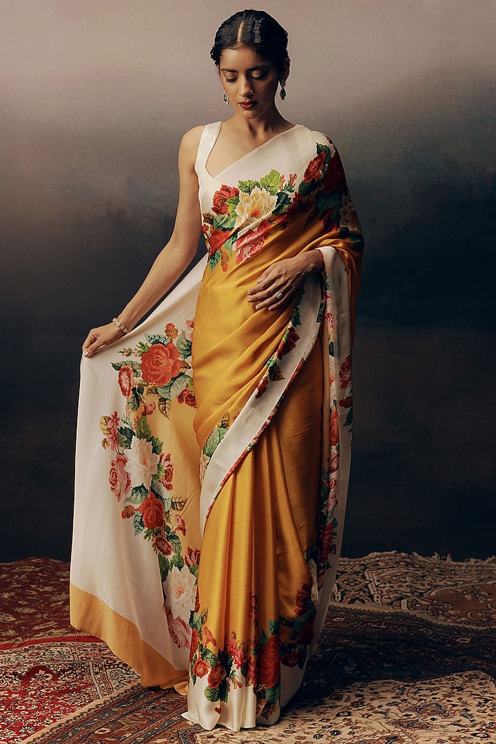 Orange Pure Satin Silk Embroidered Party Wear Saree by Studio 113 at Pernia's Pop Up Shop