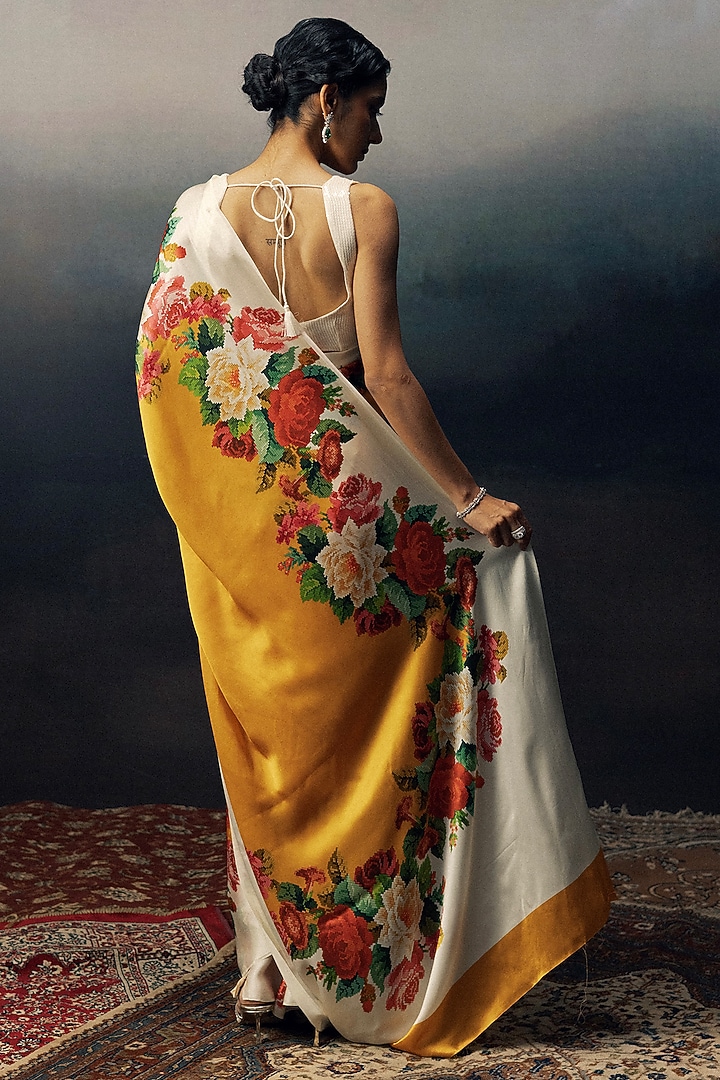 Orange Pure Satin Silk Embroidered Party Wear Saree by Studio 113 at Pernia's Pop Up Shop