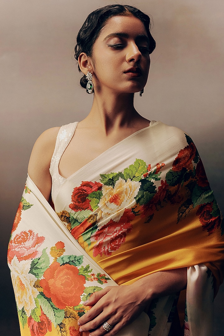 Orange Pure Satin Silk Embroidered Party Wear Saree by Studio 113 at Pernia's Pop Up Shop