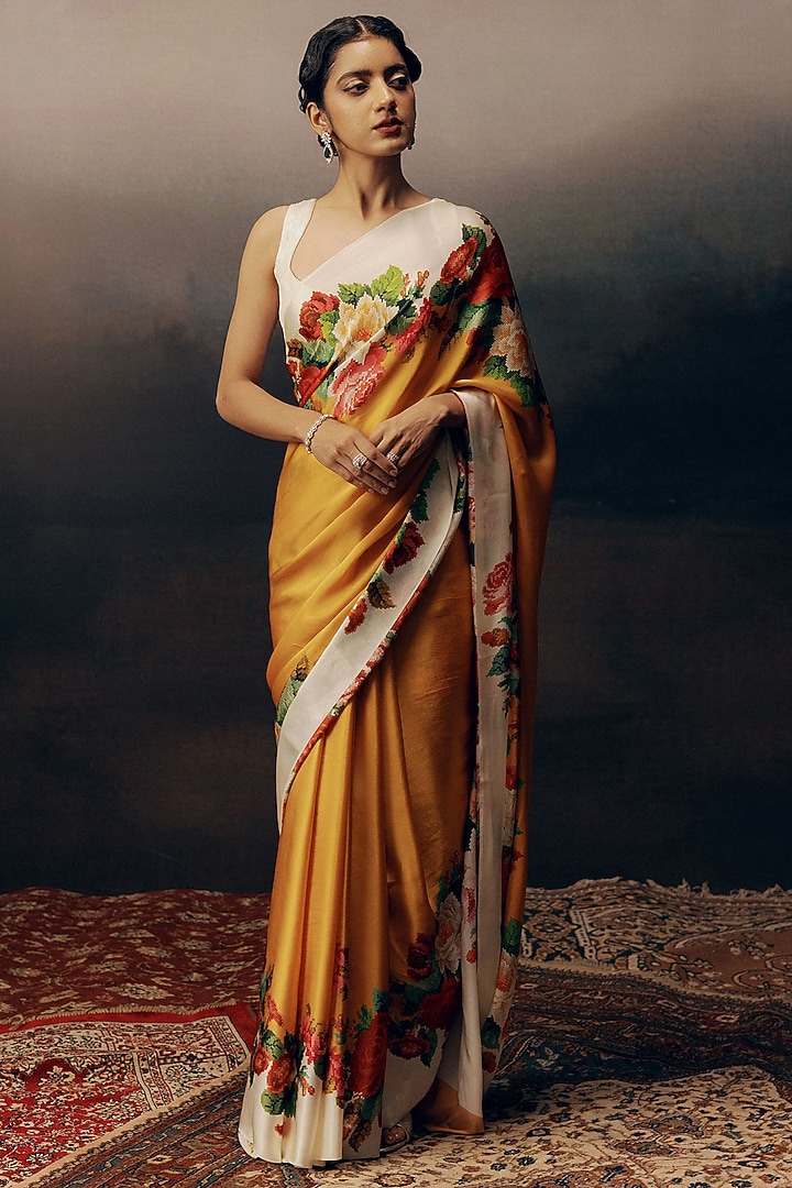 Orange Pure Satin Silk Embroidered Party Wear Saree by Studio 113 at Pernia's Pop Up Shop