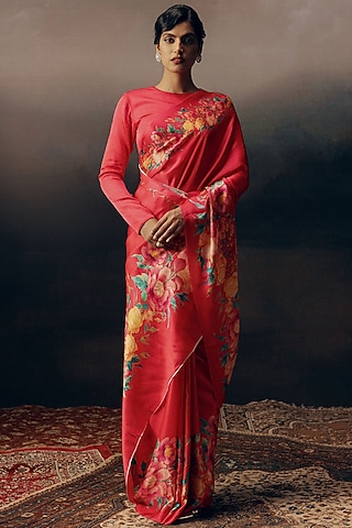 Pink Satin Silk Digital Printed Saree by Studio 113