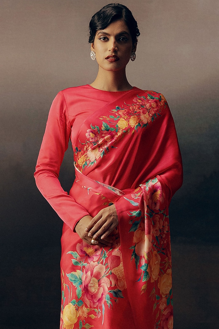 Pink Satin Silk Digital Printed Party Wear Saree by Studio 113 at Pernia's Pop Up Shop