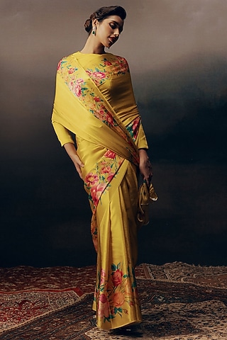 Yellow Satin Silk Digital Printed Saree by Studio 113