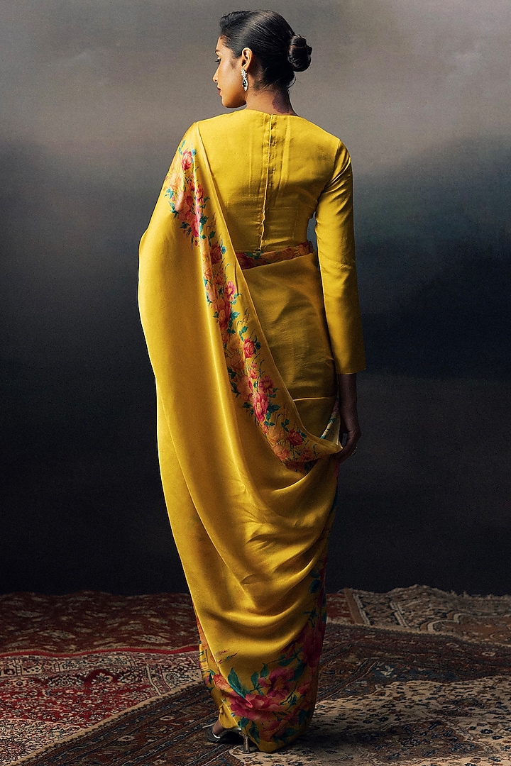 Yellow Satin Silk Digital Printed Party Wear Saree by Studio 113 at Pernia's Pop Up Shop