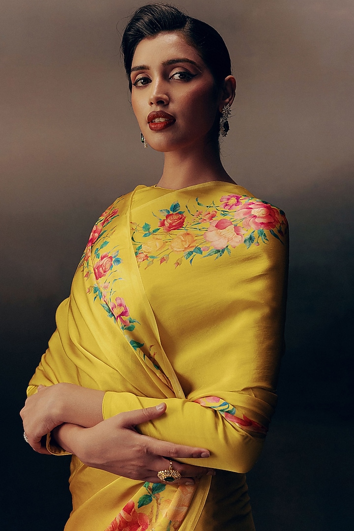 Yellow Satin Silk Digital Printed Party Wear Saree by Studio 113 at Pernia's Pop Up Shop