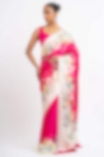 Magenta Pink Pure Satin Silk Floral Party Wear Saree by Studio 113 at Pernia's Pop Up Shop