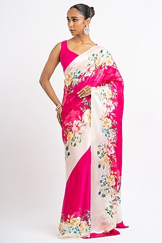 Magenta Pink Pure Satin Silk Floral Saree by Studio 113