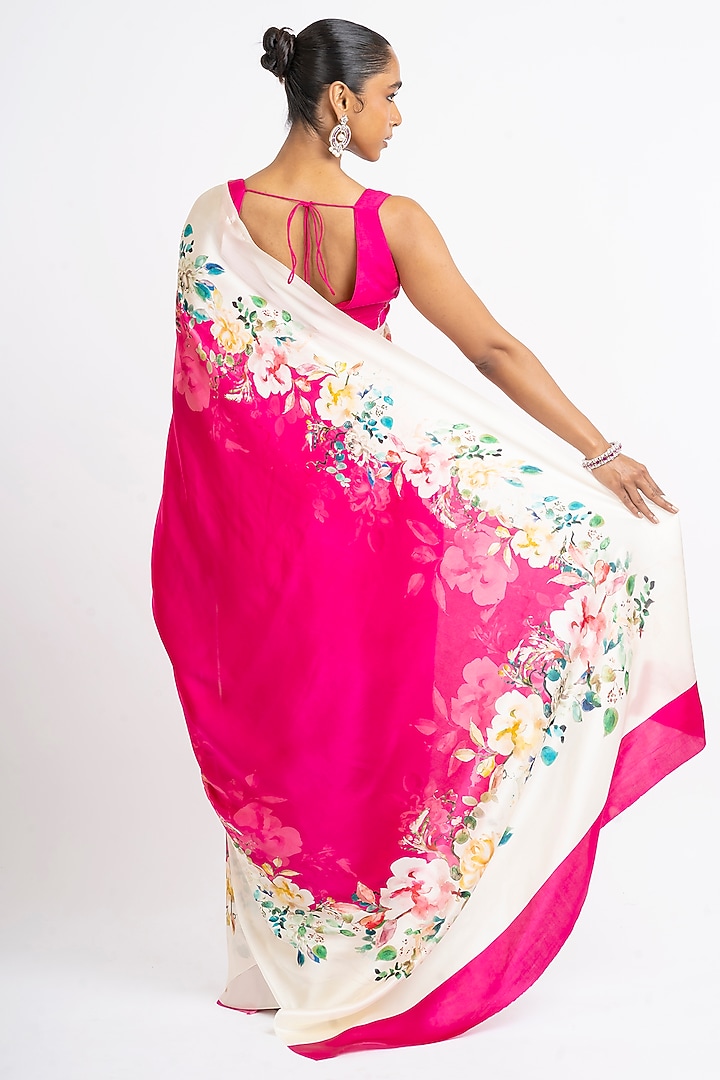 Magenta Pink Pure Satin Silk Floral Party Wear Saree by Studio 113 at Pernia's Pop Up Shop