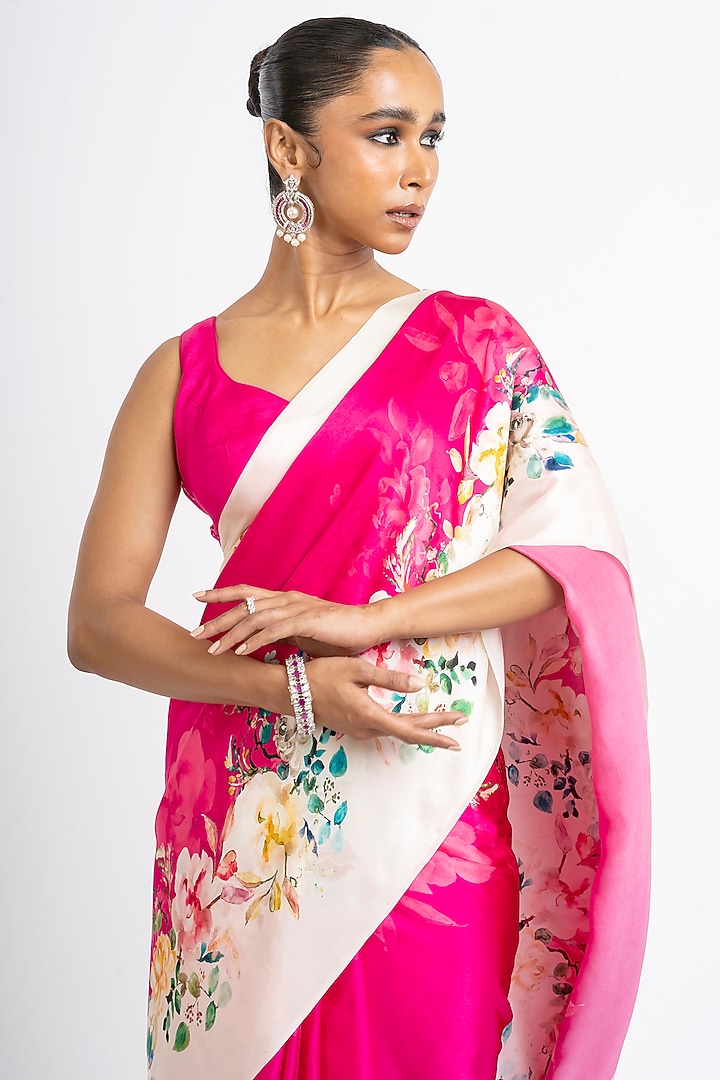 Magenta Pink Pure Satin Silk Floral Party Wear Saree by Studio 113 at Pernia's Pop Up Shop