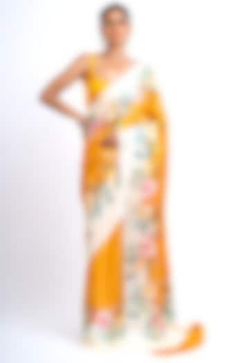 Orange Pure Satin Silk Floral Party Wear Saree by Studio 113 at Pernia's Pop Up Shop
