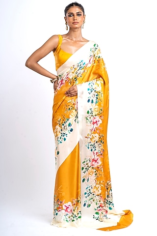 Orange Pure Satin Silk Floral Saree by Studio 113