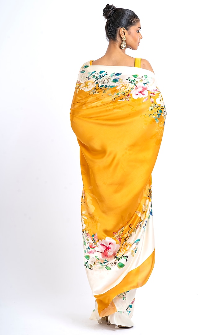 Orange Pure Satin Silk Floral Party Wear Saree by Studio 113 at Pernia's Pop Up Shop