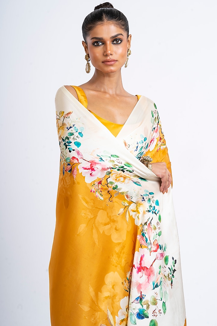 Orange Pure Satin Silk Floral Party Wear Saree by Studio 113 at Pernia's Pop Up Shop